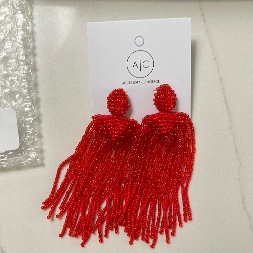Red bead fringe earrings BNWT